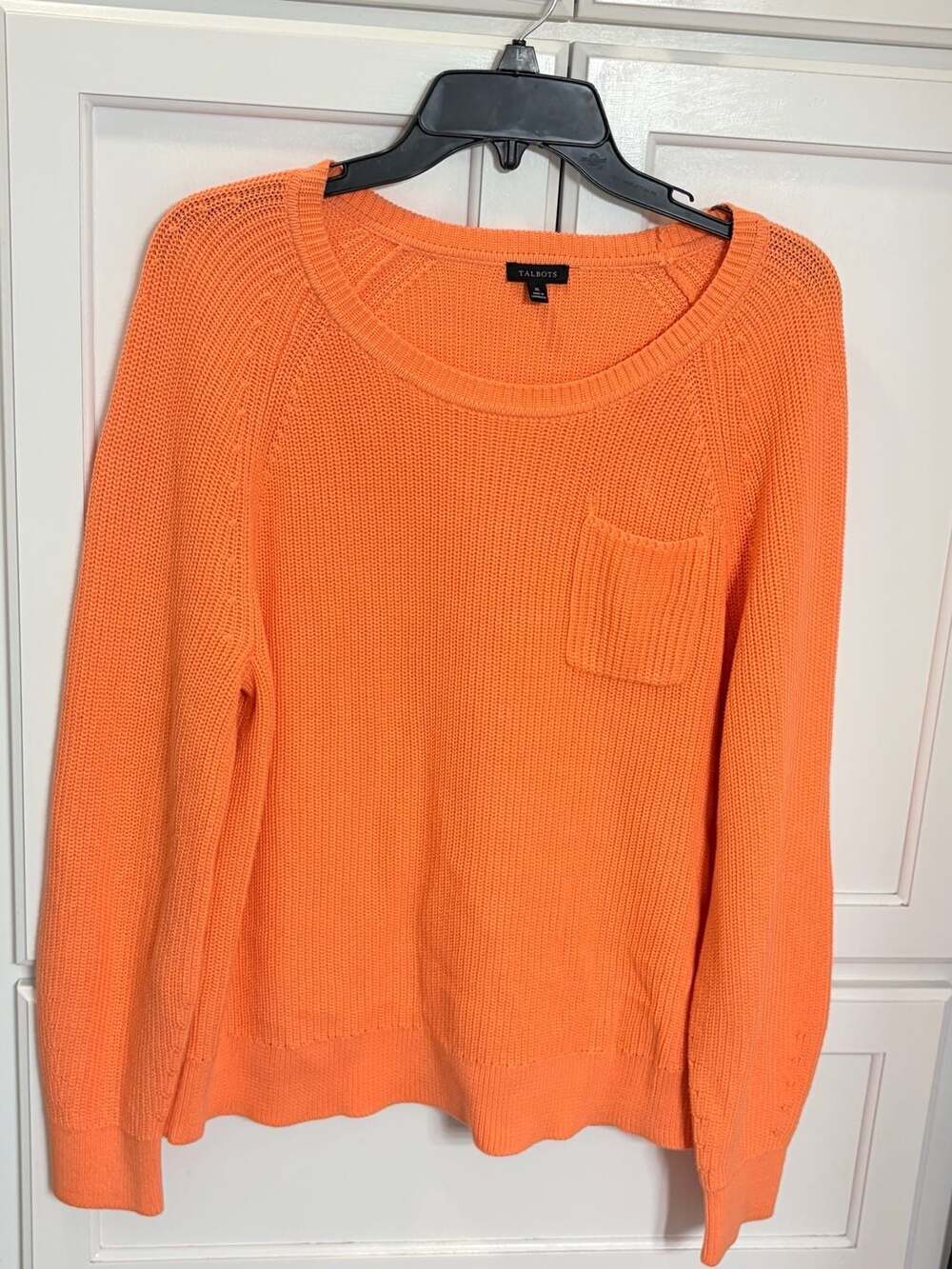 Talbots Womens XL Neon Orange 100% Pima Cotton Knit Sweater Pocket Long Sleeve